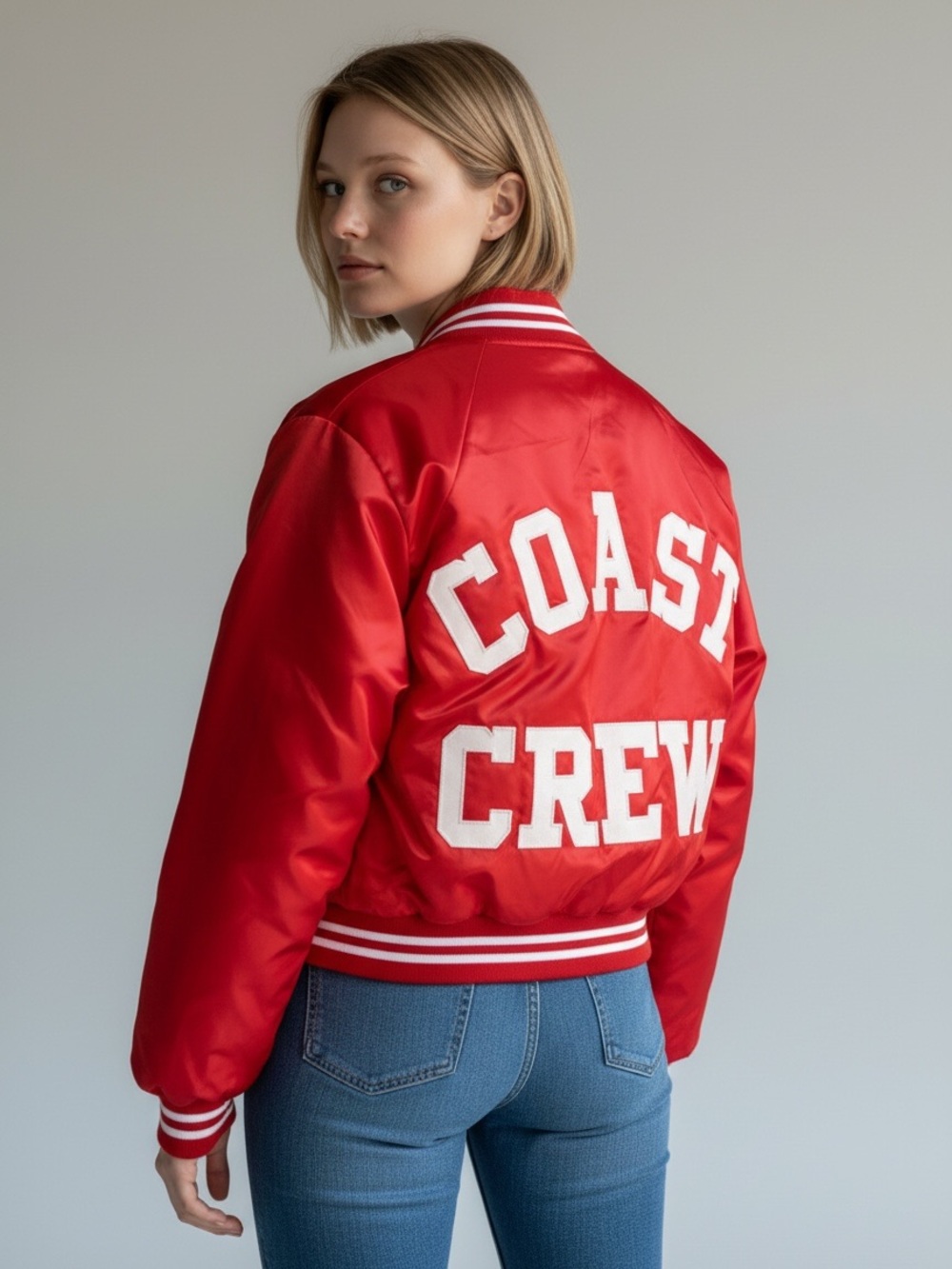 Vintage 80s Coast Crew Red Nylon Coach Jacket Snap Front Sewn Varsity Letters